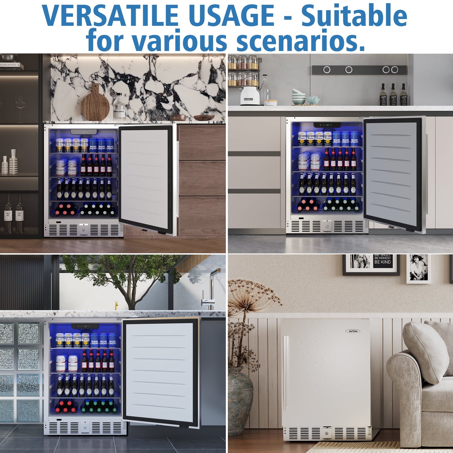 Sunvivi Outdoor & Indoor Beverage Refrigerator, 24 Inch Stainless Steel Under Counter Drink Fridge, Silver Weatherproof Can Cooler Wine Chiller with Lock for Kitchen, Office, Patio, Bar, Home