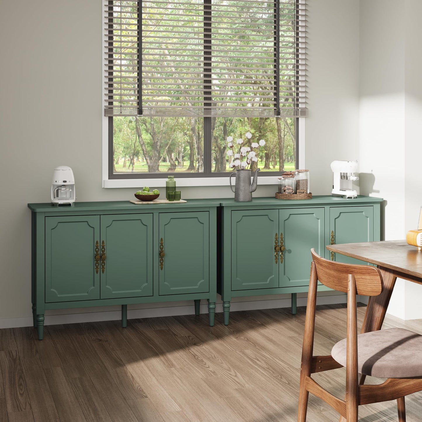Heynemo 2 Piece Storage Cabinet with 3 Doors, Sideboard Cabinet with Adjustable Shelves, Wood Buffet Cabinet with Turned Legs, Accent Cabinet for Entryway, Living Room, Dining Room, Green