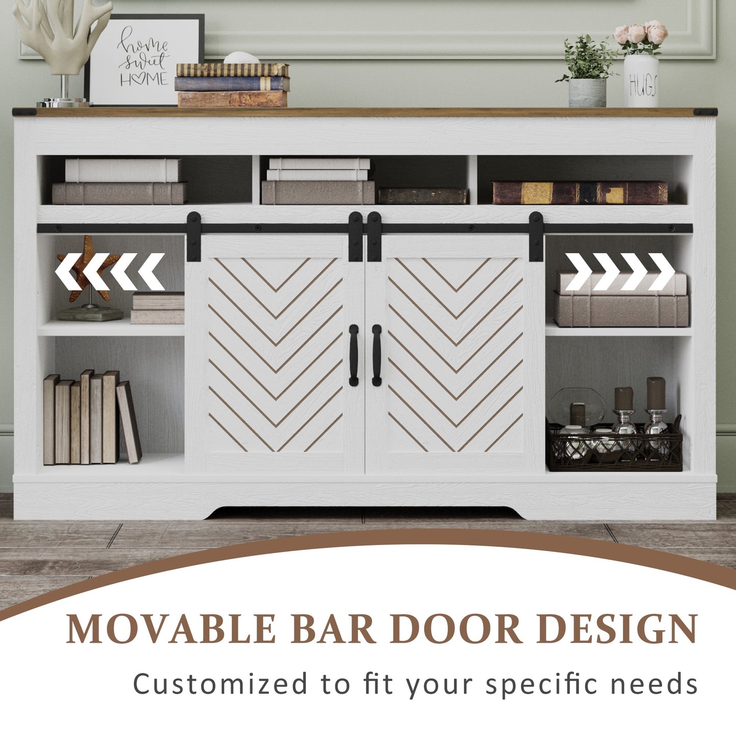 Heynemo TV Stand for TVs up to 70", 34" Tall Entertainment Center w/Sliding Doors, Modern Wood Media Console Storage Cabinet for Living Room Bedroom, Wood-Tone and White
