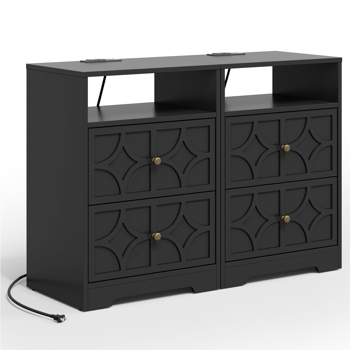 May in Color Large Nightstand with 2 Drawers, Modern Side Table with Charging Station and Diamond Carvings, Accent End Table for Living Room, Bedroom, Entryway, Black, Set of 2