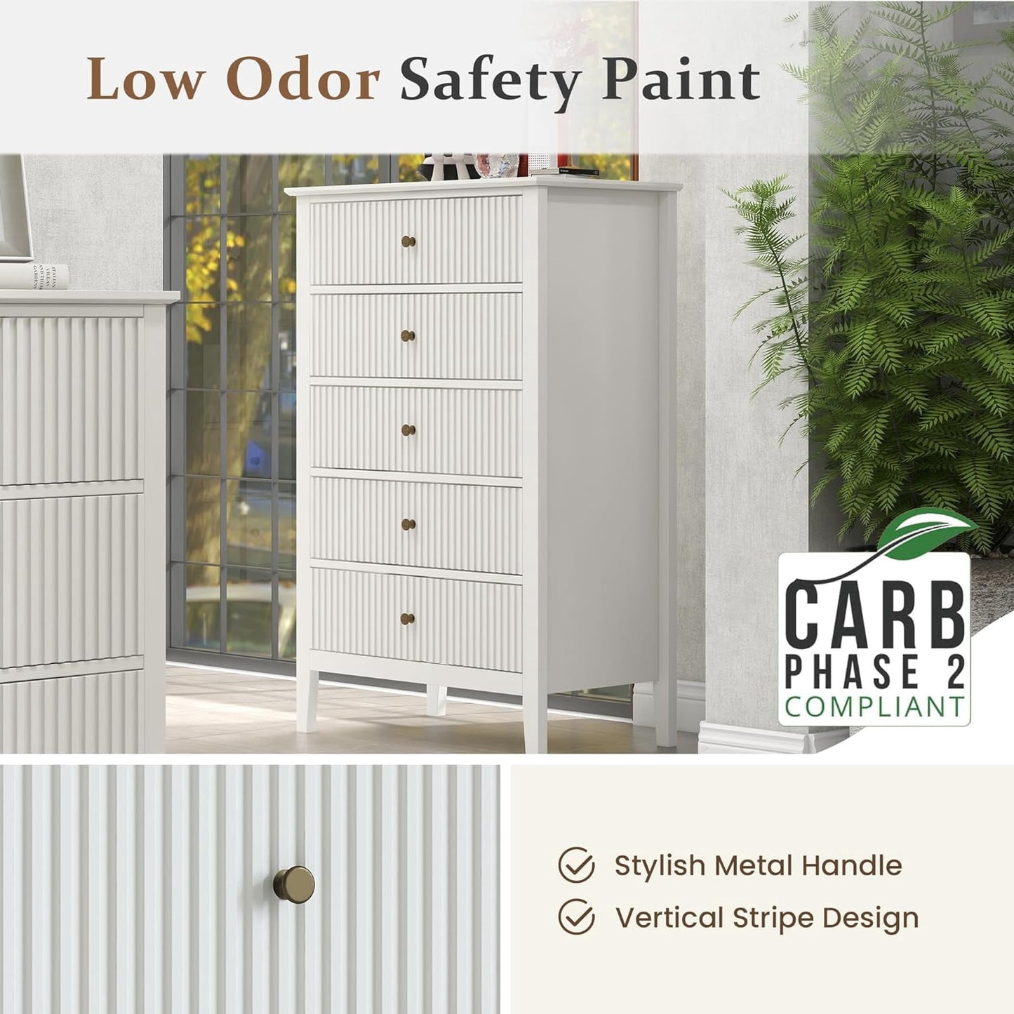 RoyalCraft Fluted 5 Drawers Dresser Set of 2 for Bedroom, Tall Chest of Drawer with Silent Slide Drawers, Modern Wood Storage Cabinet Organizer for Living Room, Hallway, Entryway, White