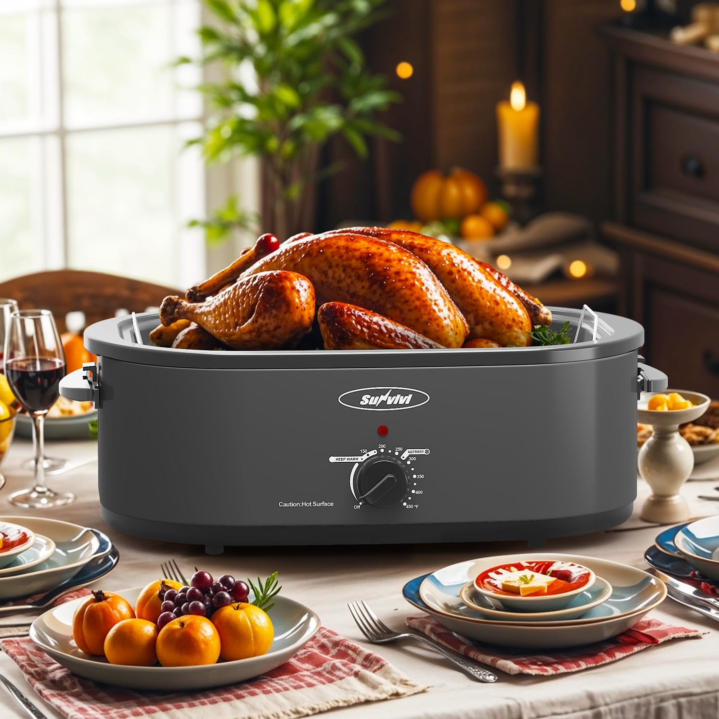 Sunvivi Electric Roaster Oven 20 Qt with Self-Basting Lid, 150-450°F Temp Control, Gray