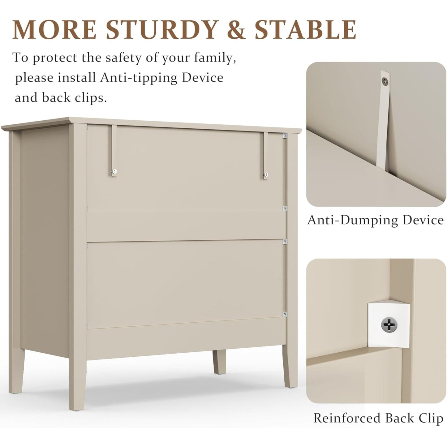 Heynemo Modern 3 Drawer Dresser, Nightstand with Ball Bearing Slide, Beige