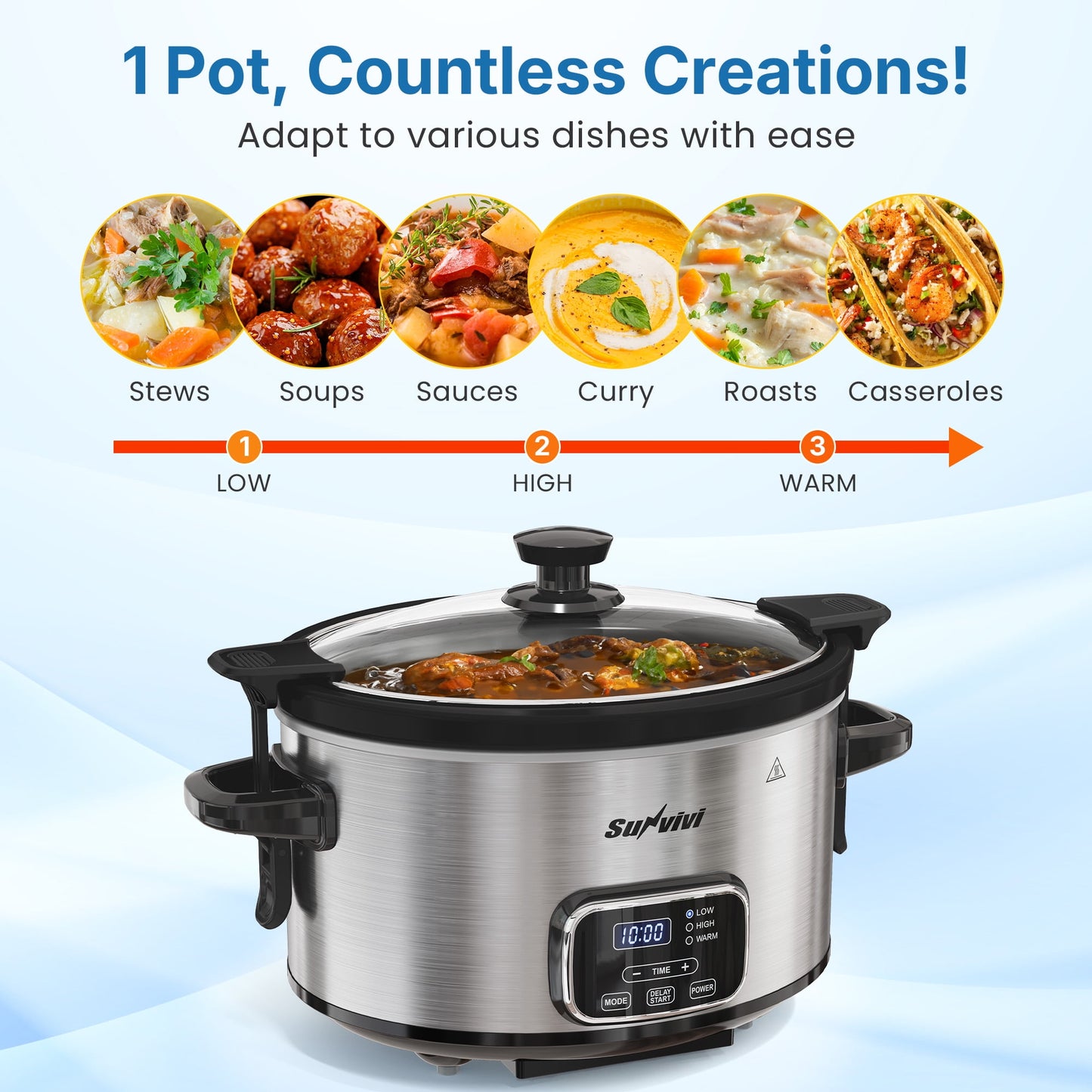Sunvivi 4QT Programmable Slow Cooker with Locking Lid, Removable Ceramic Pot, 3 Heating Settings & Timer, Stainless Steel, Silver