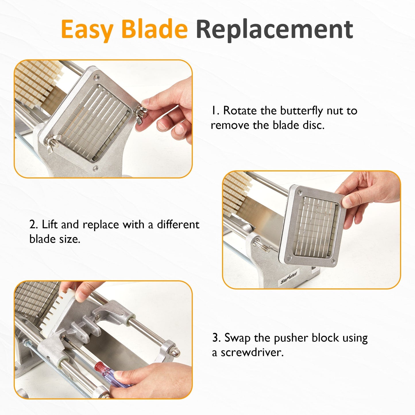French Fry Cutter with 1/2 Inch and 3/8 Inch Blades 6-wedge Slicer Stainless Steel