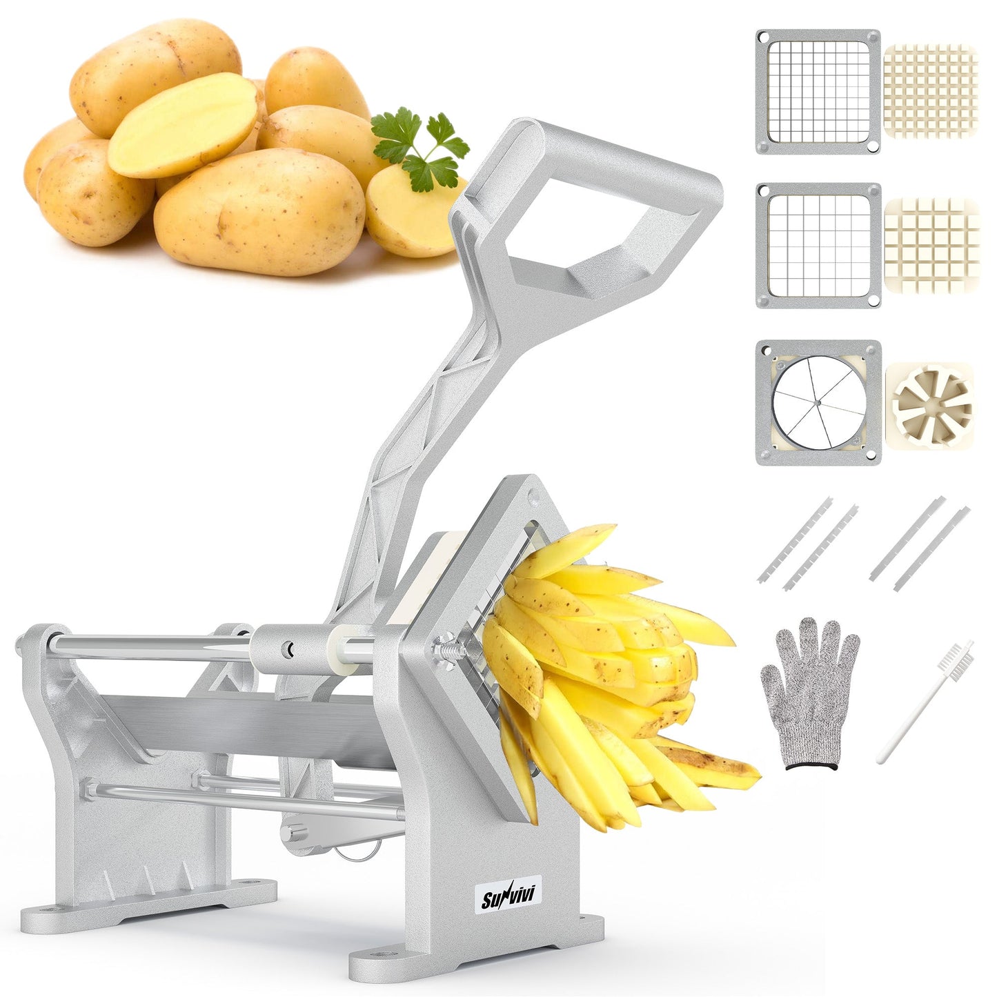 French Fry Cutter with 1/2 Inch and 3/8 Inch Blades 6-wedge Slicer Stainless Steel