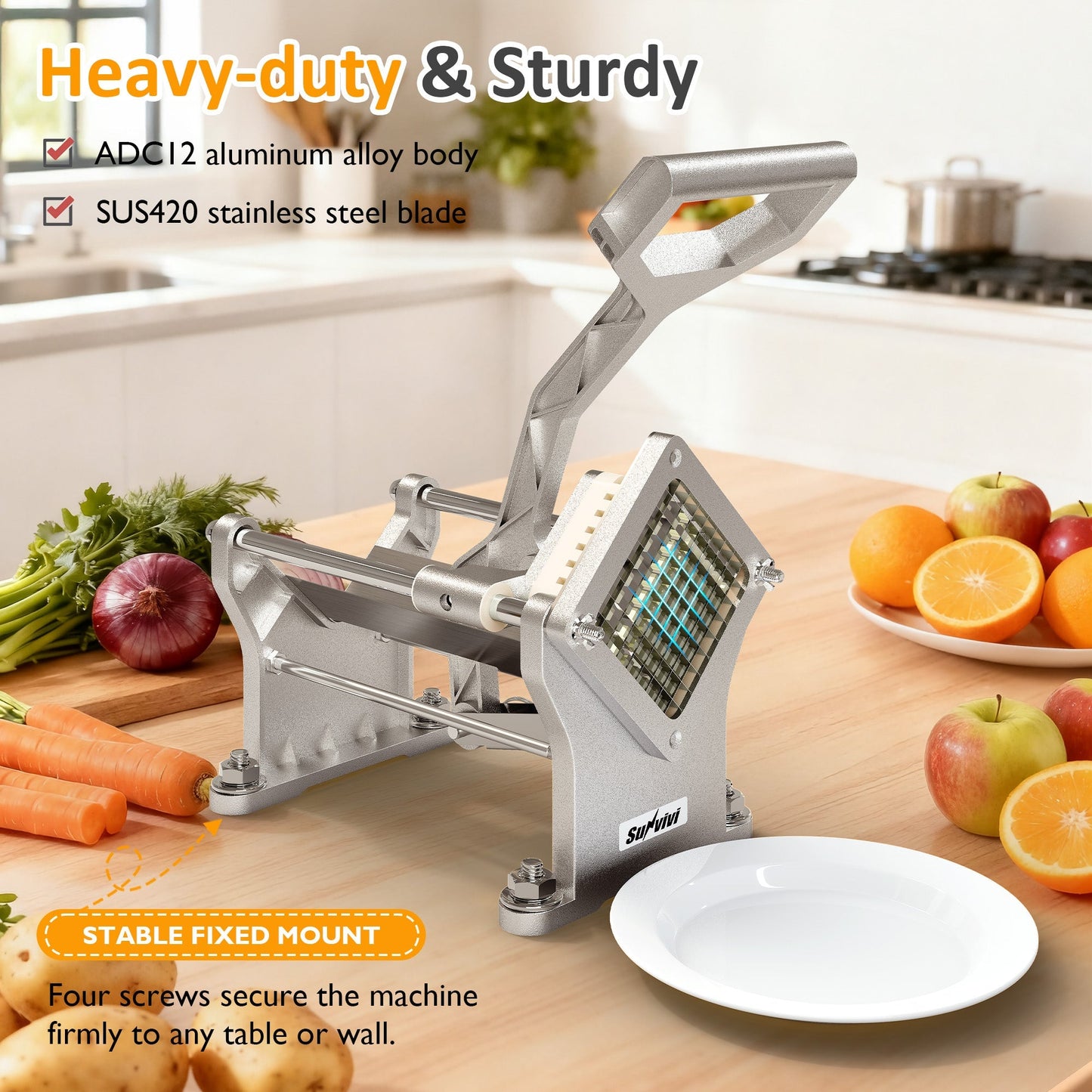 French Fry Cutter with 1/2 Inch and 3/8 Inch Blades 6-wedge Slicer Stainless Steel