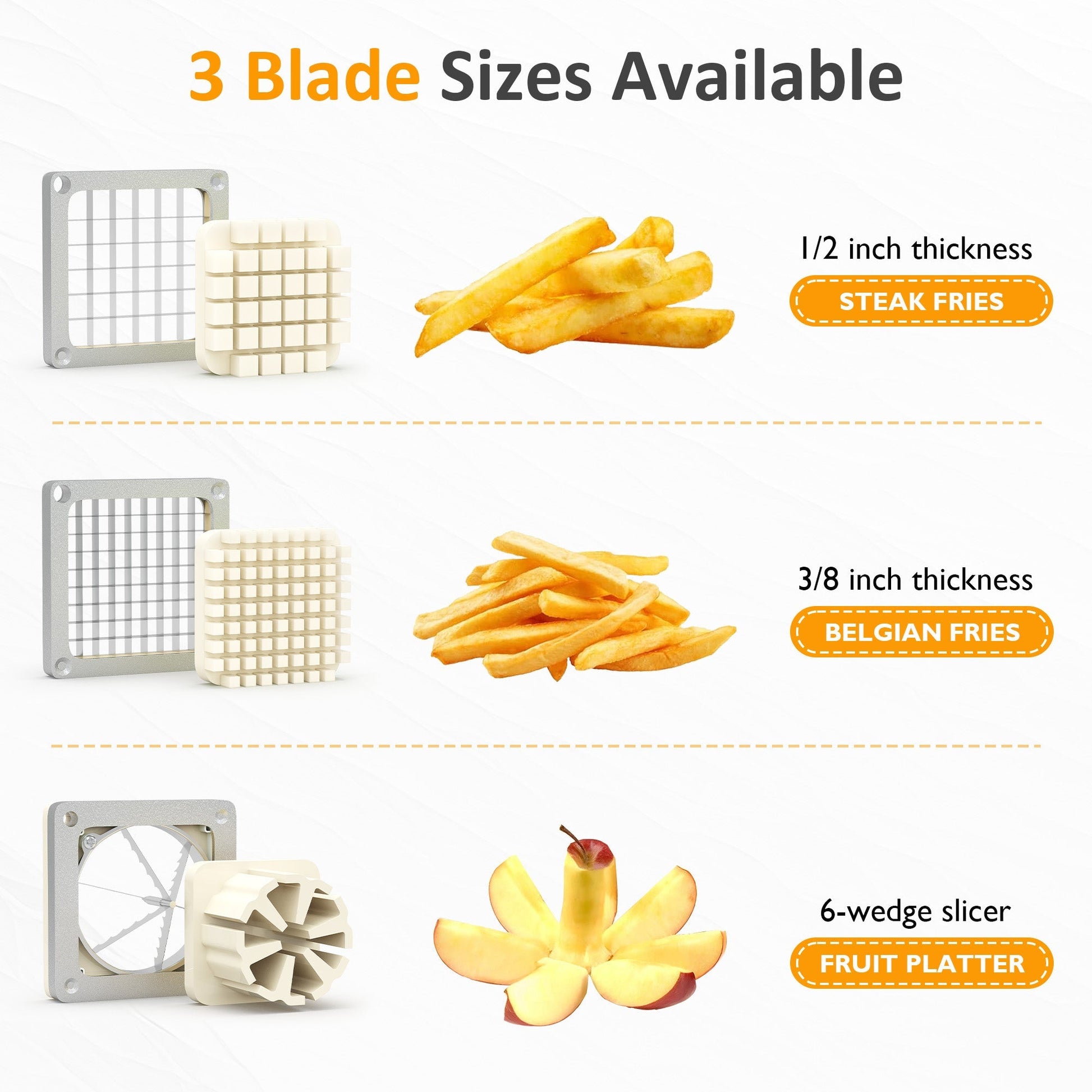 French Fry Cutter with 1/2 Inch and 3/8 Inch Blades 6-wedge Slicer Stainless Steel
