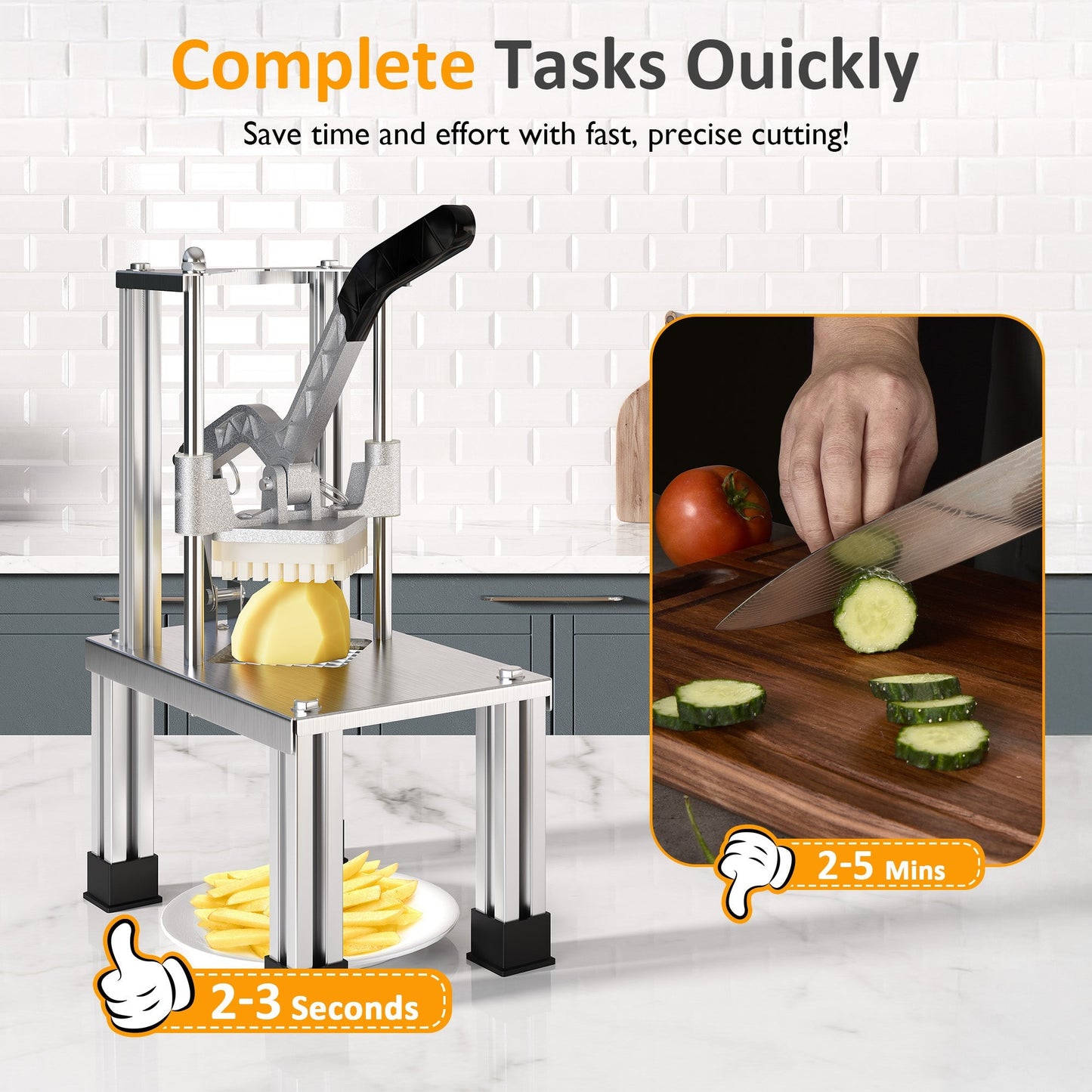 Heynemo French Fry Cutter Heavy Duty, Commercial Potato Slicer with 2 Blades (1/2" & 3/8"), Stainless Steel for Home & Restaurant