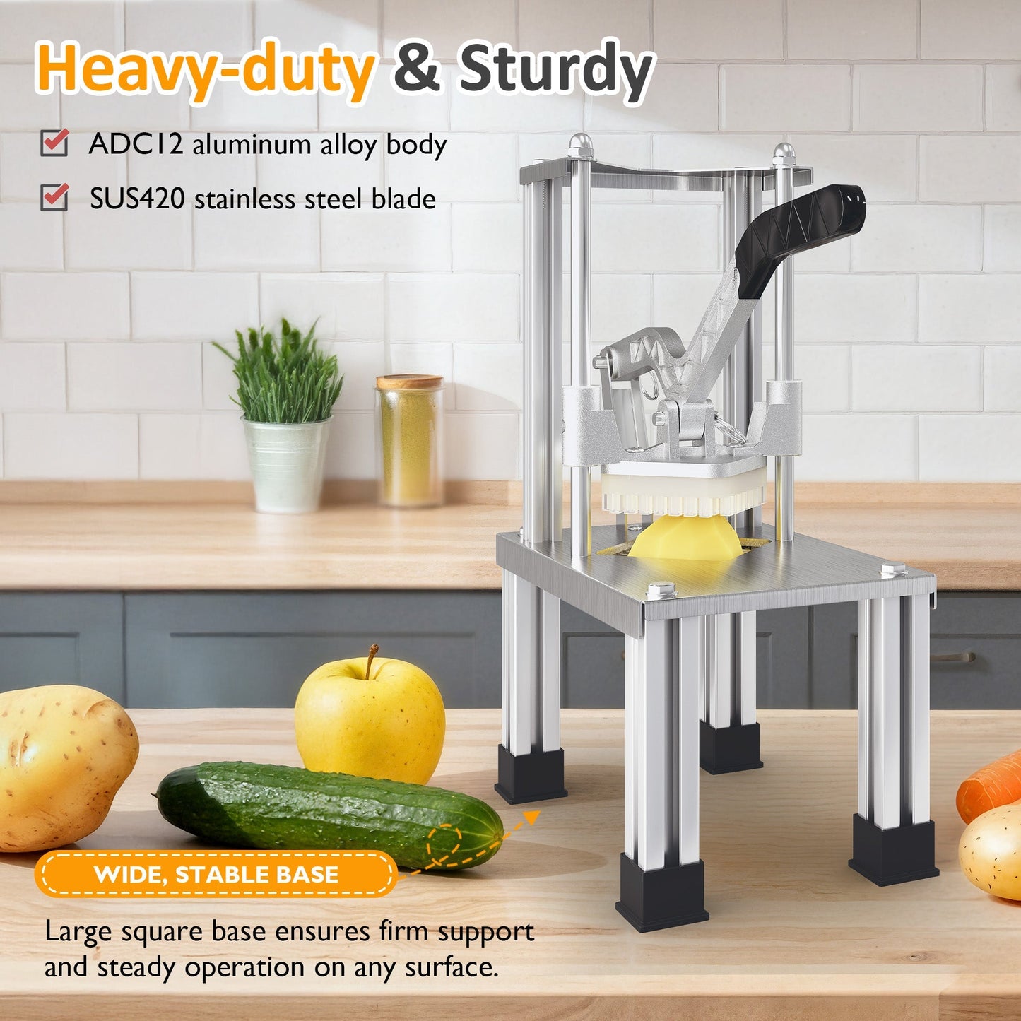 Heynemo French Fry Cutter Heavy Duty, Commercial Potato Slicer with 2 Blades (1/2" & 3/8"), Stainless Steel for Home & Restaurant