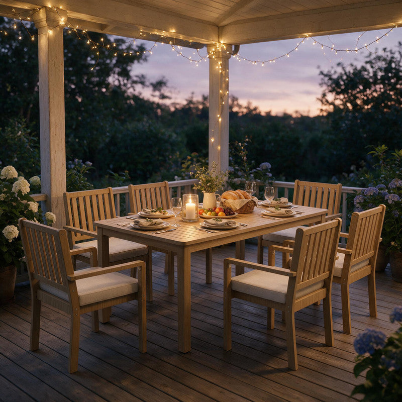 7-Piece Acacia Patio Table and Chairs Set for All-Weather, Outdoor Patio Dining Set with Umbrella Hole and Removable Cushion for 6, Durable Patio Table and Chairs Set for Garden, Heynemo