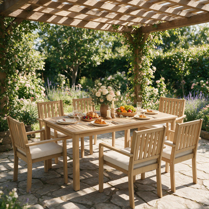 7-Piece Acacia Patio Table and Chairs Set for All-Weather, Outdoor Patio Dining Set with Umbrella Hole and Removable Cushion for 6, Durable Patio Table and Chairs Set for Garden, Heynemo