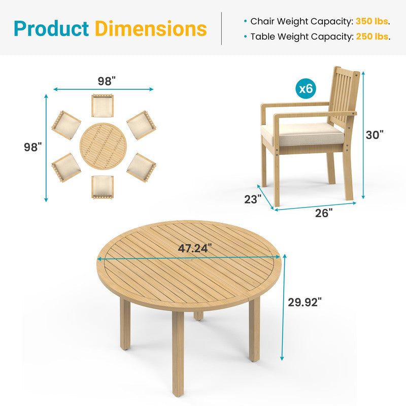 7-Piece Acacia Patio Table and Chairs Set for All-Weather, Outdoor Patio Dining Set with Umbrella Hole and Removable Cushion for 6, Durable Patio Table and Chairs Set for Backyard£¬Heynemo