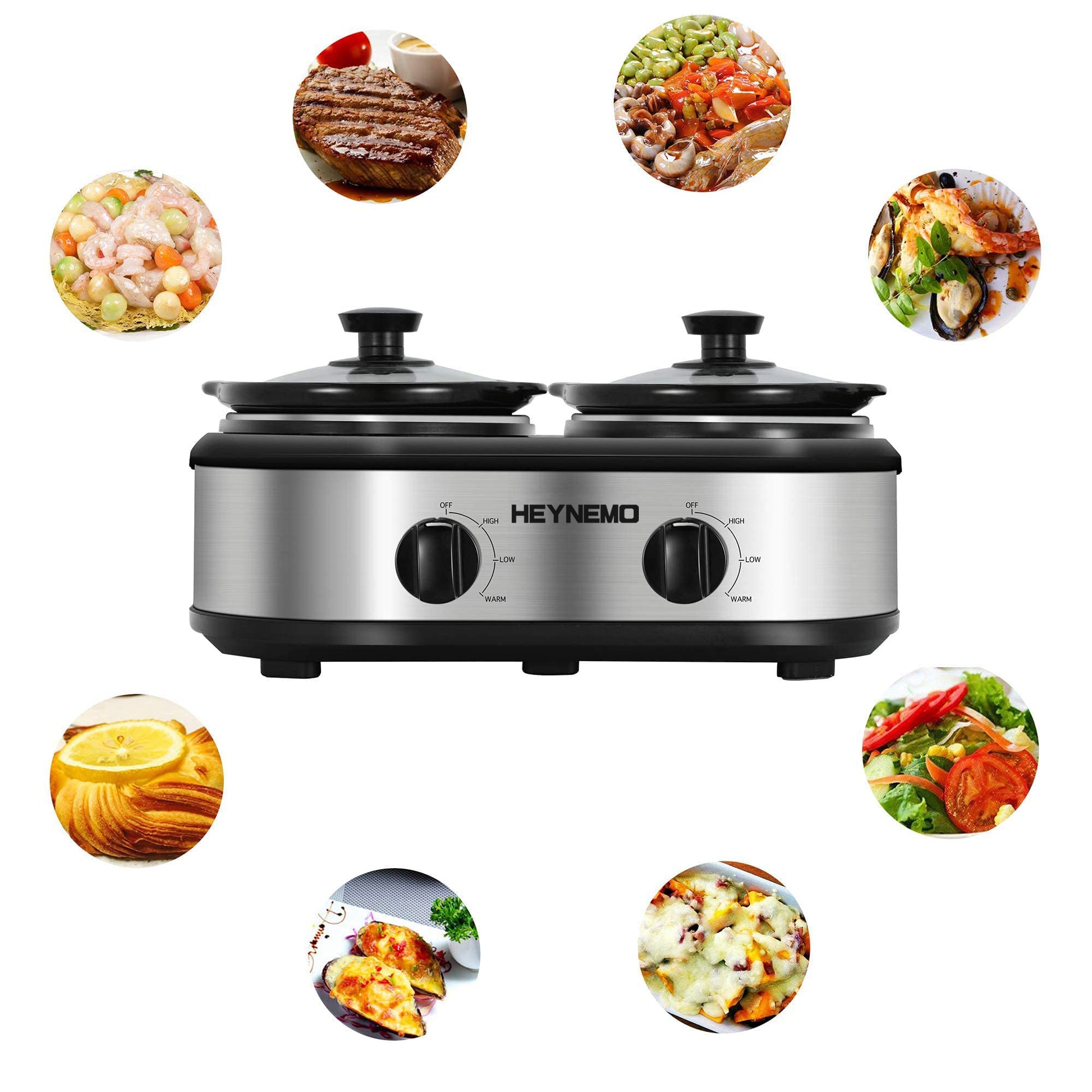 Small Double Slow Cooker, 2 Pot 1.25 Quart Oval Crock Food Warmer Buffet  Server, Stainless Steel 