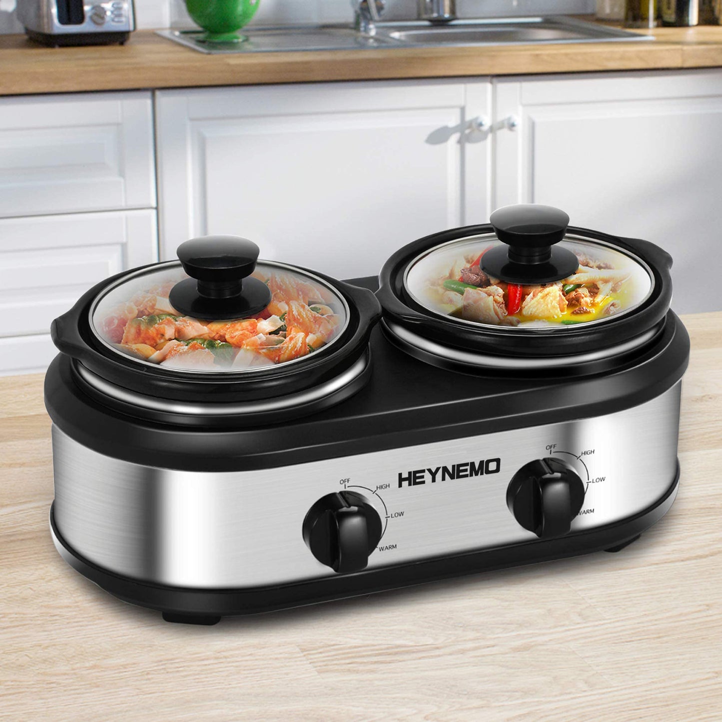 HEYNEMO Triple Slow Cooker with Non-Skid Feet, 3×1.5 QT Slow Cooker Buffet  Server