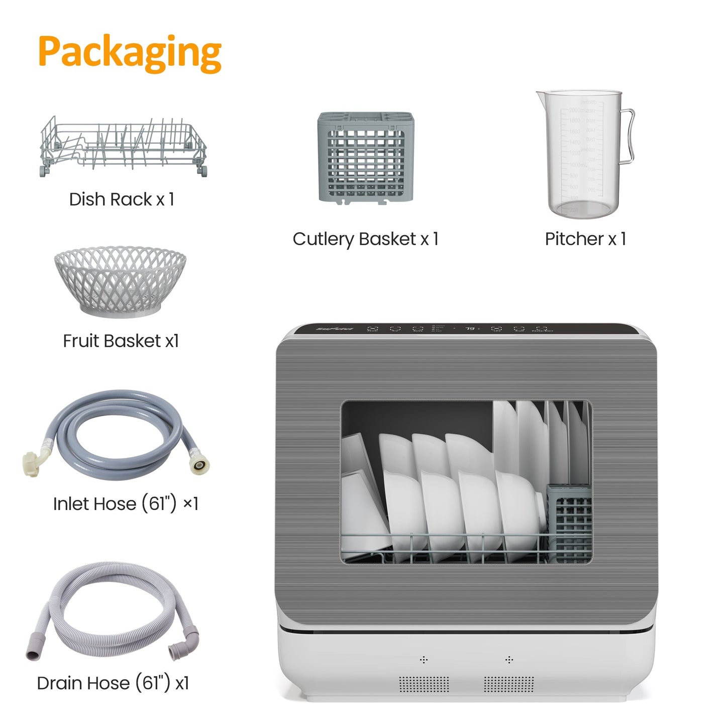 Heynemo Portable Countertop Dishwasher 18", 152oz Built-in Water Tank, 6 Wash Programs, Energy Star, Delay Start for Apartments & RV