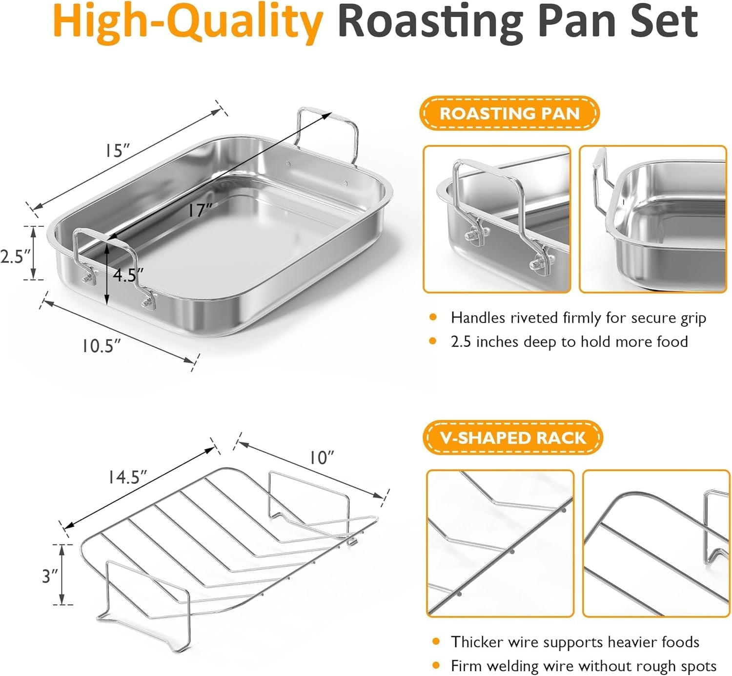 Sunvivi 15.6 inch Roasting Pan with V-Shaped Rack