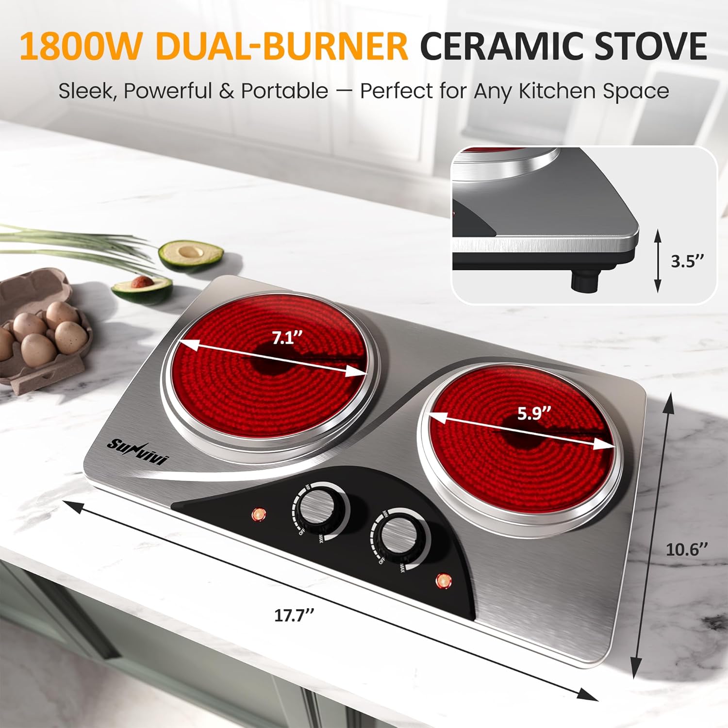 Sunvivi 1800W Dual Burner Portable Electric Ceramic Stove ¡§C Knob Control