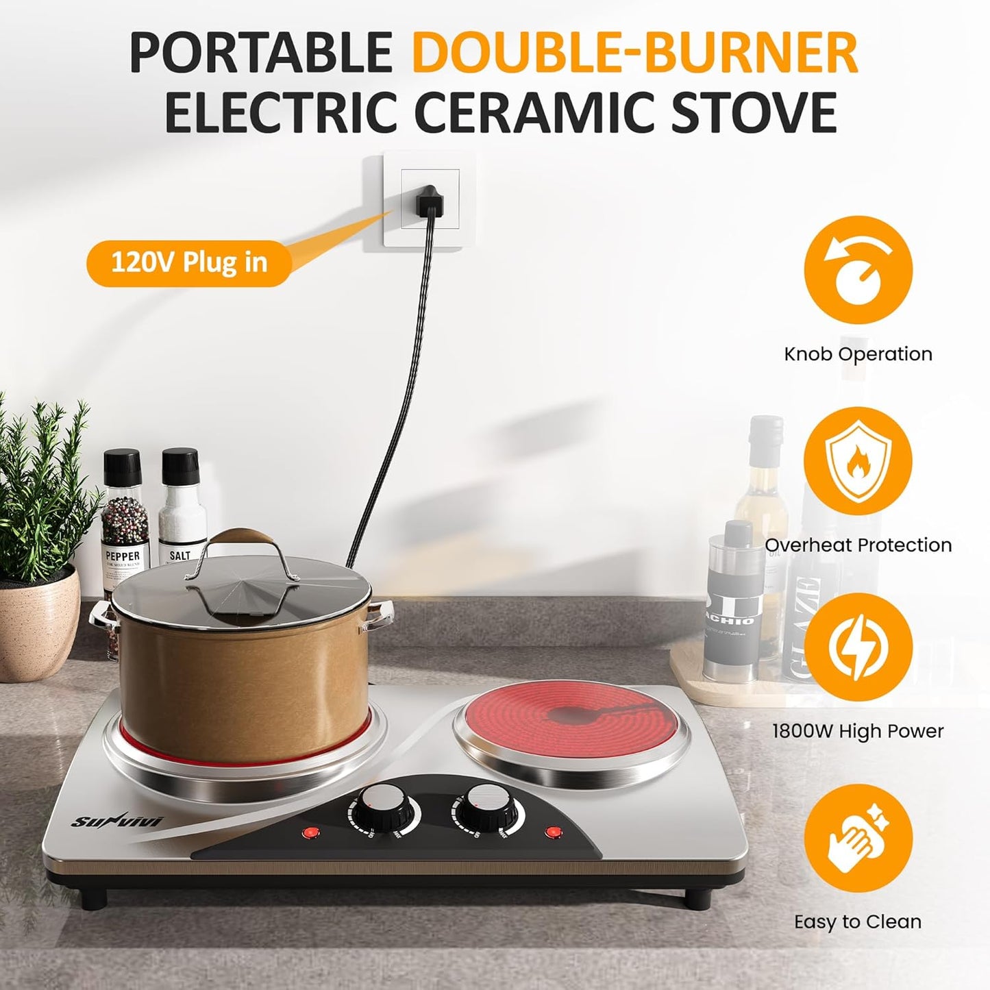 Sunvivi 1800W Dual Burner Portable Electric Ceramic Stove ¡§C Knob Control