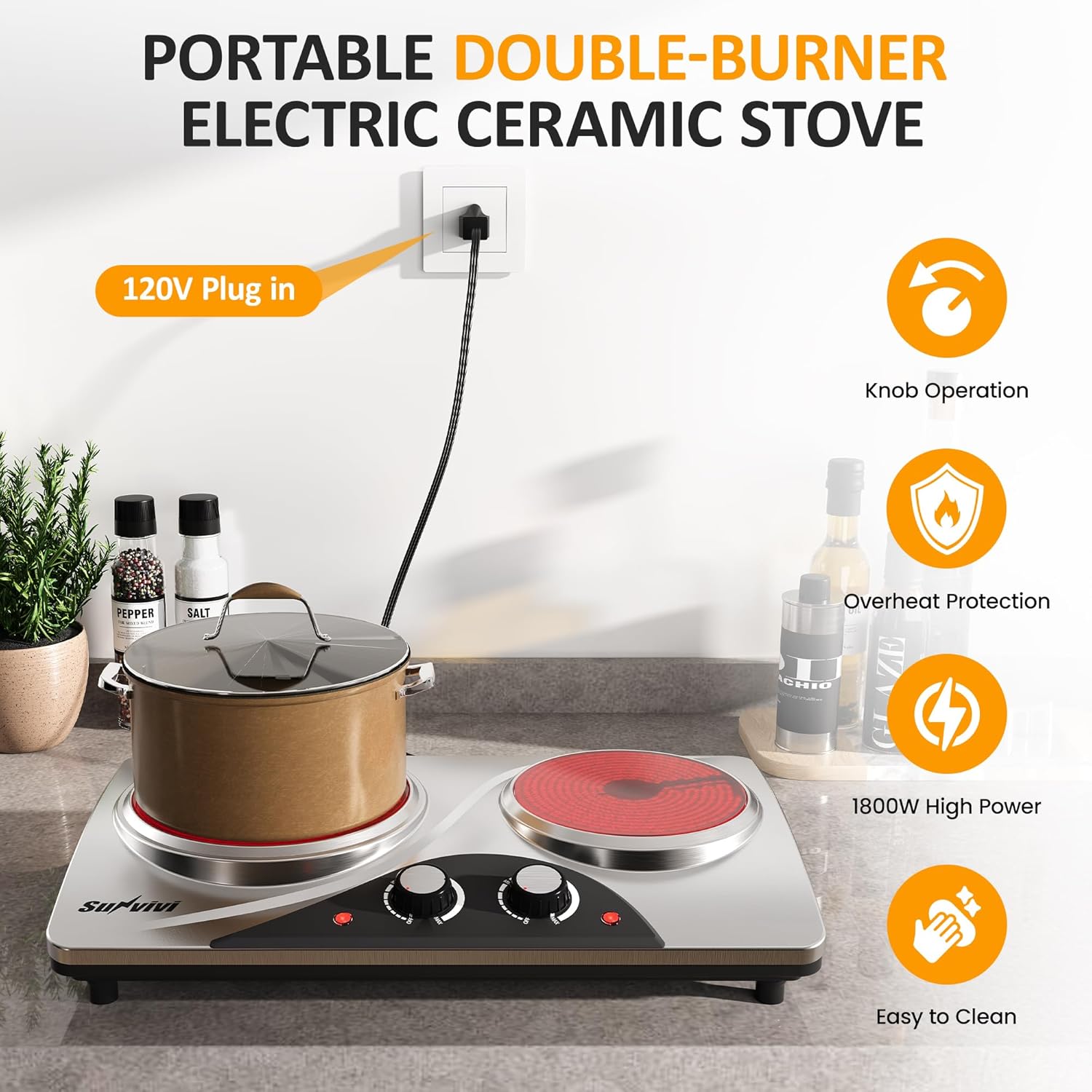 Sunvivi 1800W Dual Burner Portable Electric Ceramic Stove ¡§C Knob Control
