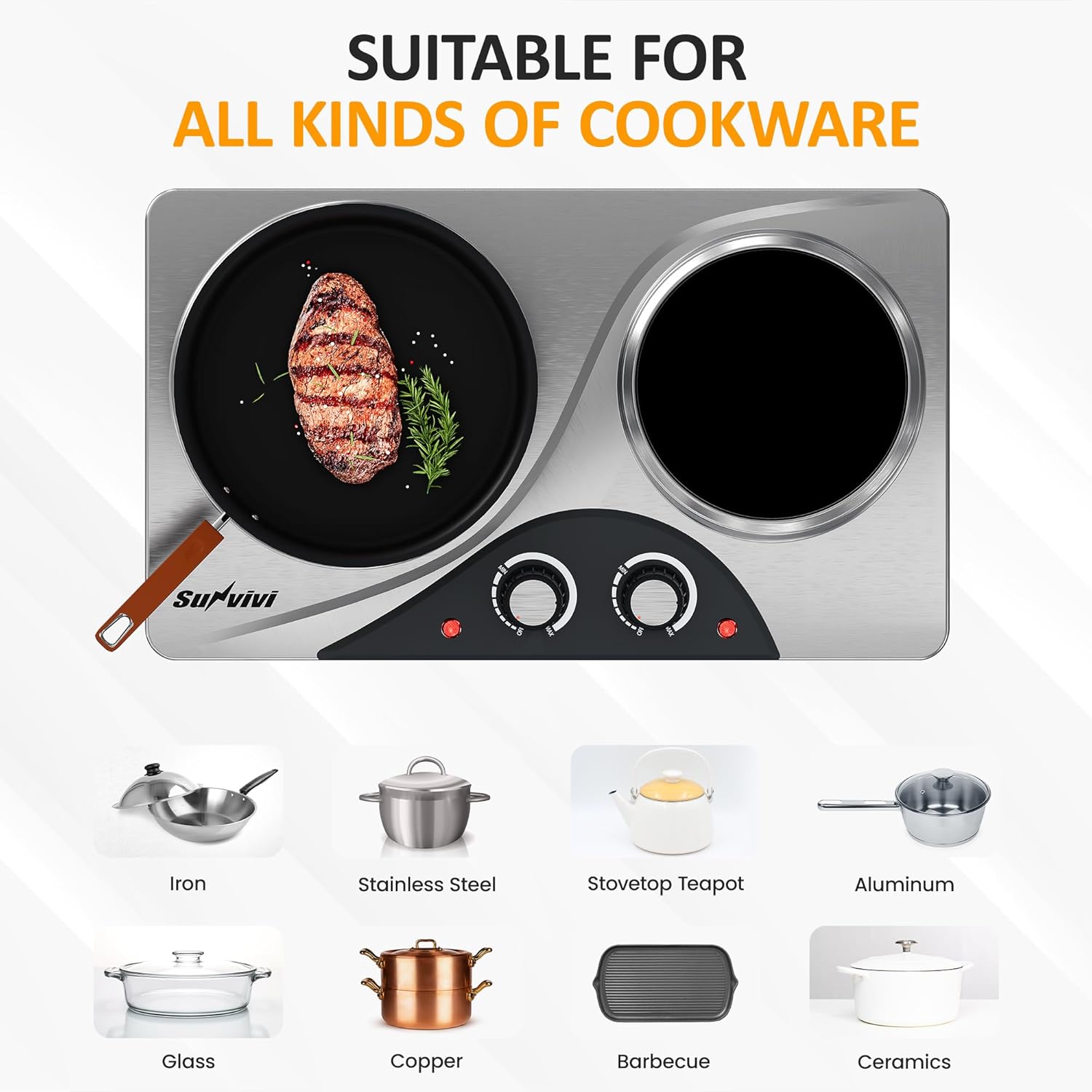 Sunvivi 1800W Dual Burner Portable Electric Ceramic Stove ¡§C Knob Control