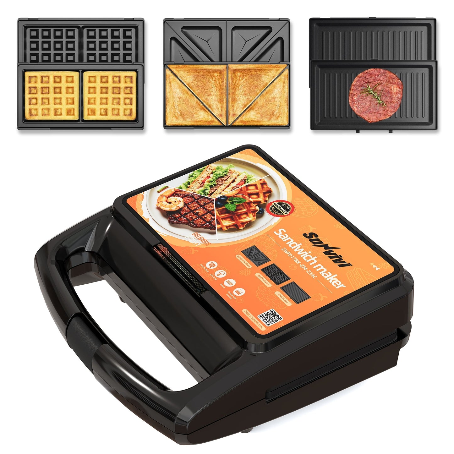 Sunvivi 3 in 1 Sandwich Maker Electric Waffle Maker with Removable Non-stick Plates 800W Panini Press Grill with Glass
