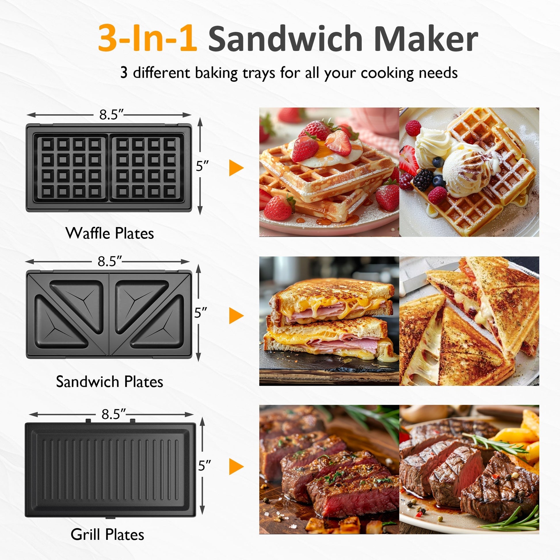 Sunvivi 3 in 1 Sandwich Maker Electric Waffle Maker with Removable Non-stick Plates 800W Panini Press Grill with Glass