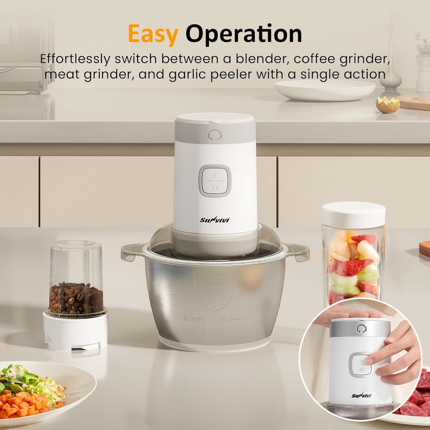 Sunvivi 4-IN-1 Food Processor: Electric Chopper for Meat Grinder Vegetable Chopper Juicer Garlic Peeler & Coffee