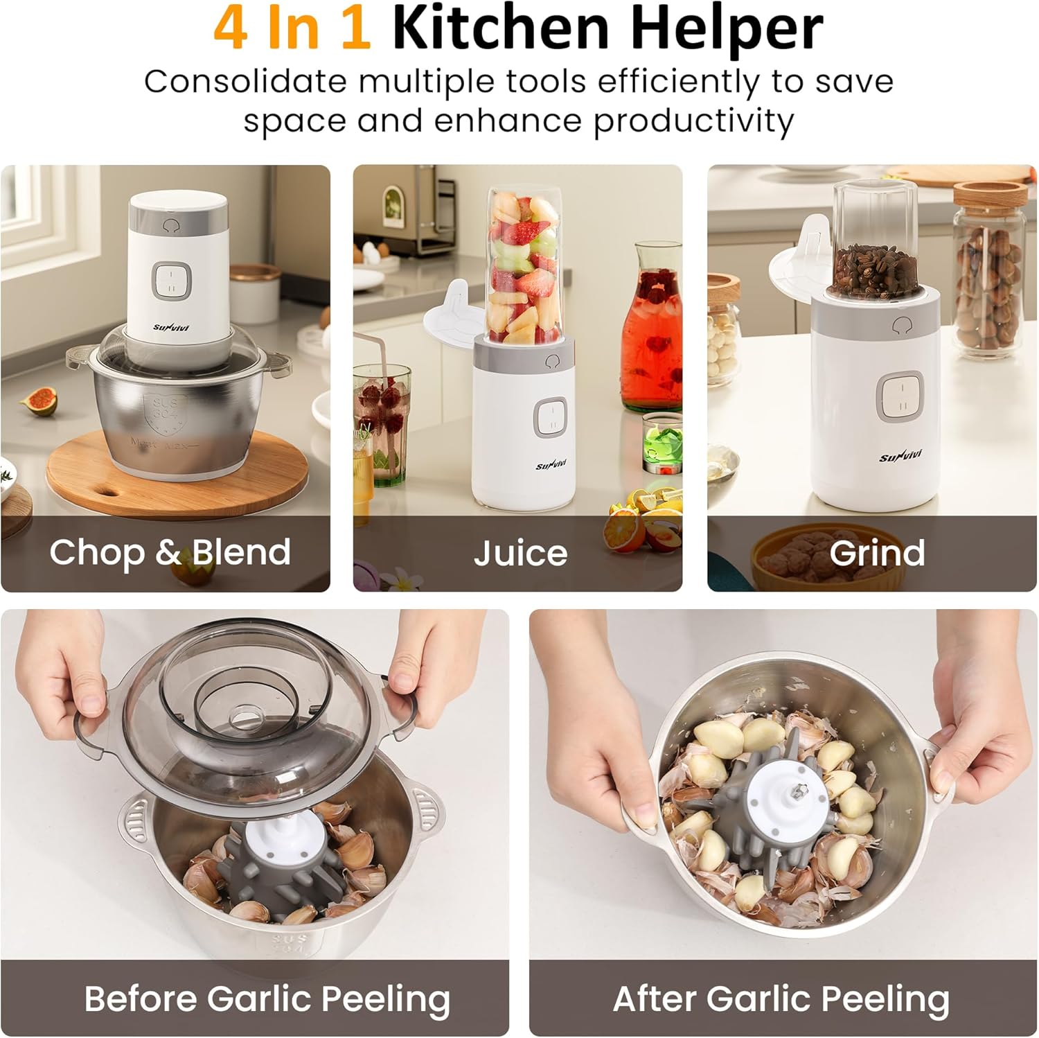Sunvivi 4-IN-1 Food Processor: Electric Chopper for Meat Grinder Vegetable Chopper Juicer Garlic Peeler & Coffee