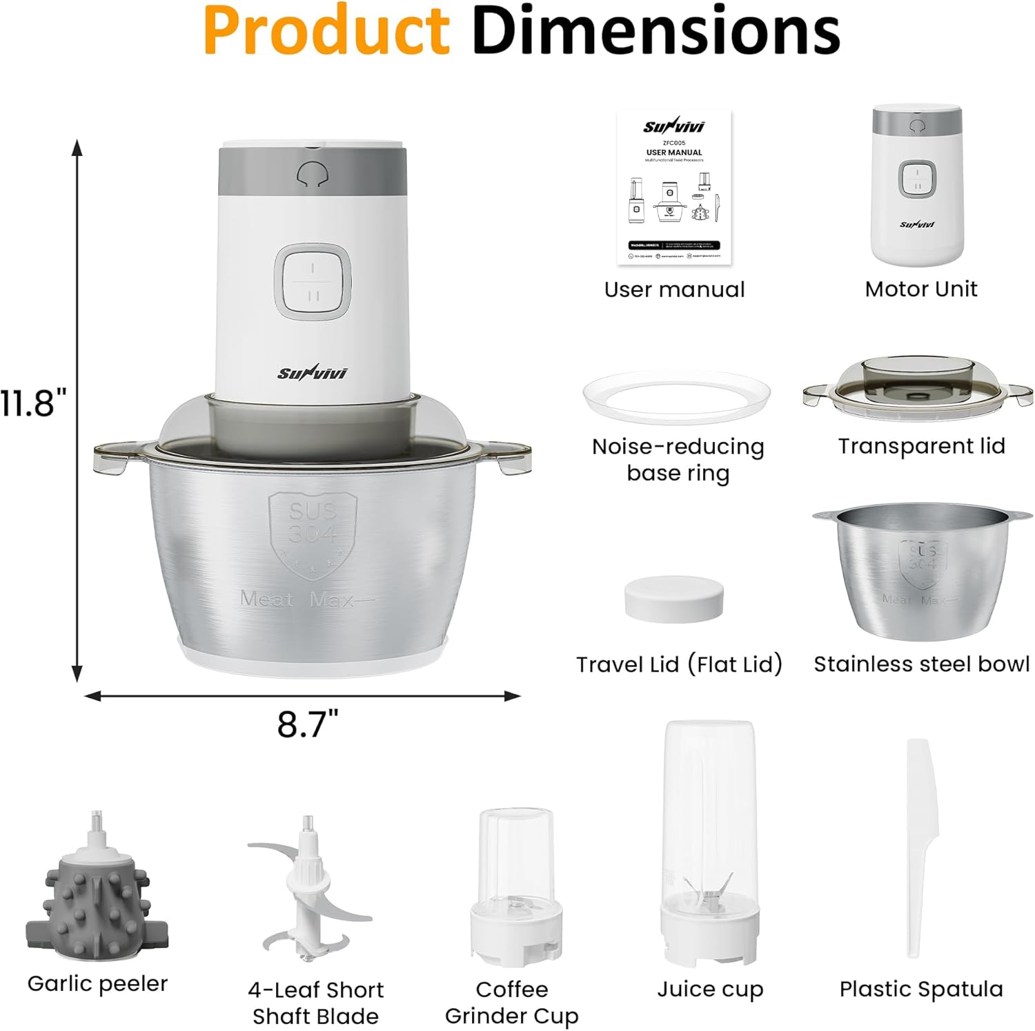 Sunvivi 4-IN-1 Food Processor: Electric Chopper for Meat Grinder Vegetable Chopper Juicer Garlic Peeler & Coffee
