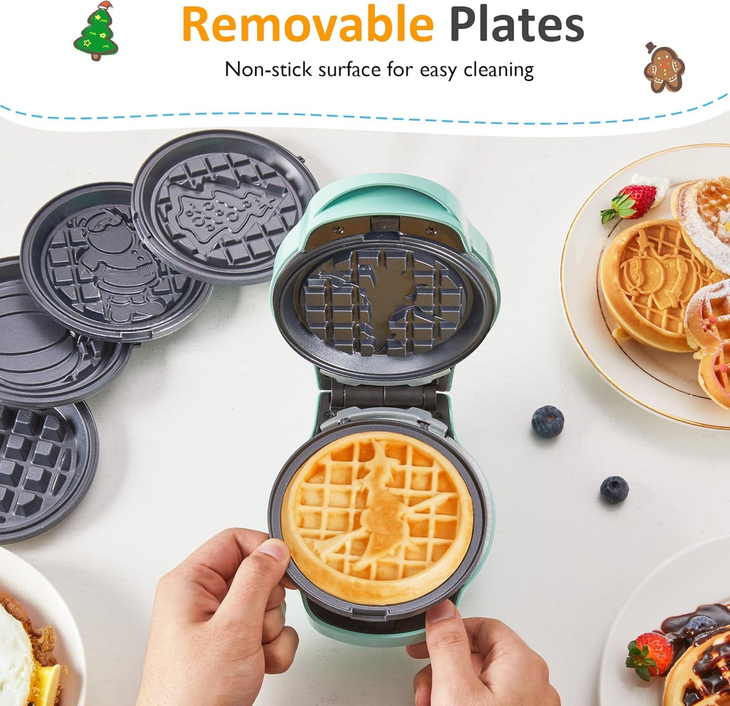 Sunvivi 4¡¯¡¯ Mini Waffle Maker: 6 in 1 Waffle Iron with 6PC Nonstick Removable Plates Set (Santa Claus Christmas Tree