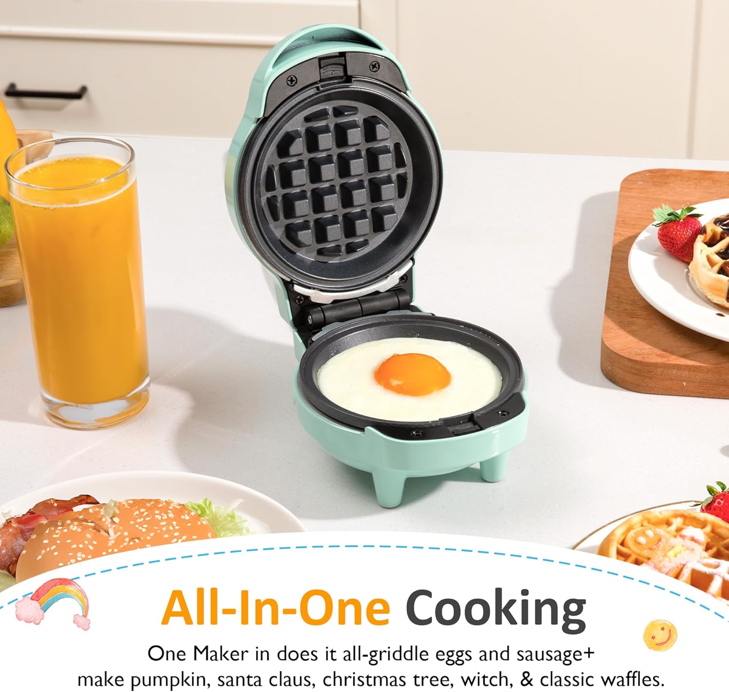 Sunvivi 4¡¯¡¯ Mini Waffle Maker: 6 in 1 Waffle Iron with 6PC Nonstick Removable Plates Set (Santa Claus Christmas Tree
