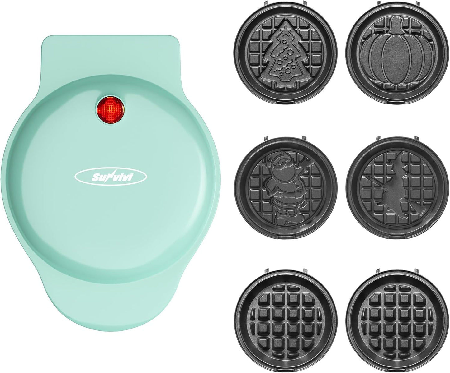 Sunvivi 4¡¯¡¯ Mini Waffle Maker: 6 in 1 Waffle Iron with 6PC Nonstick Removable Plates Set (Santa Claus Christmas Tree