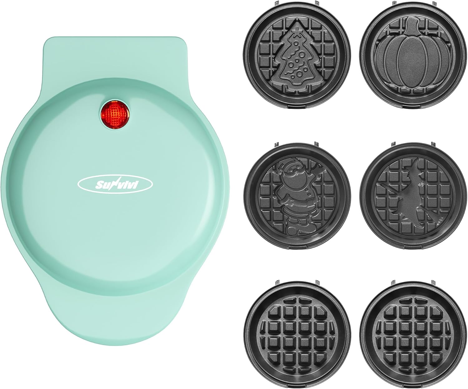 Sunvivi 4¡¯¡¯ Mini Waffle Maker: 6 in 1 Waffle Iron with 6PC Nonstick Removable Plates Set (Santa Claus Christmas Tree