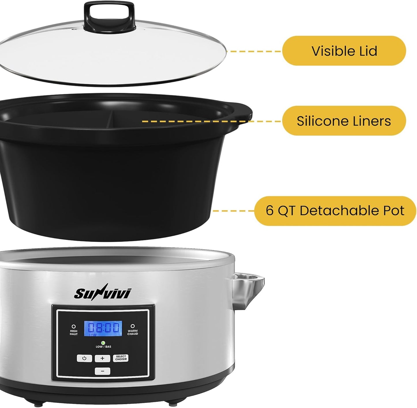 Sunvivi 6 Quart Programmable Slow Cooker with 2 in 1 Silicone Liners - Slow Cookers