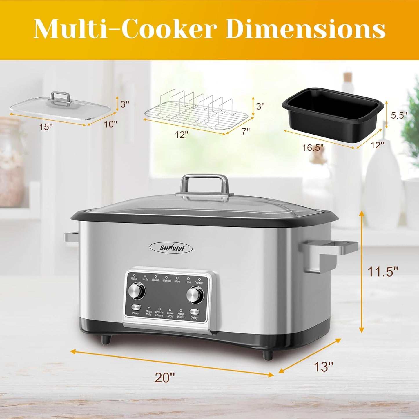 Sunvivi 8 Quart Slow Cooker Roaster Oven 12 in 1 Programmable Multi-Cooker Food Warmer