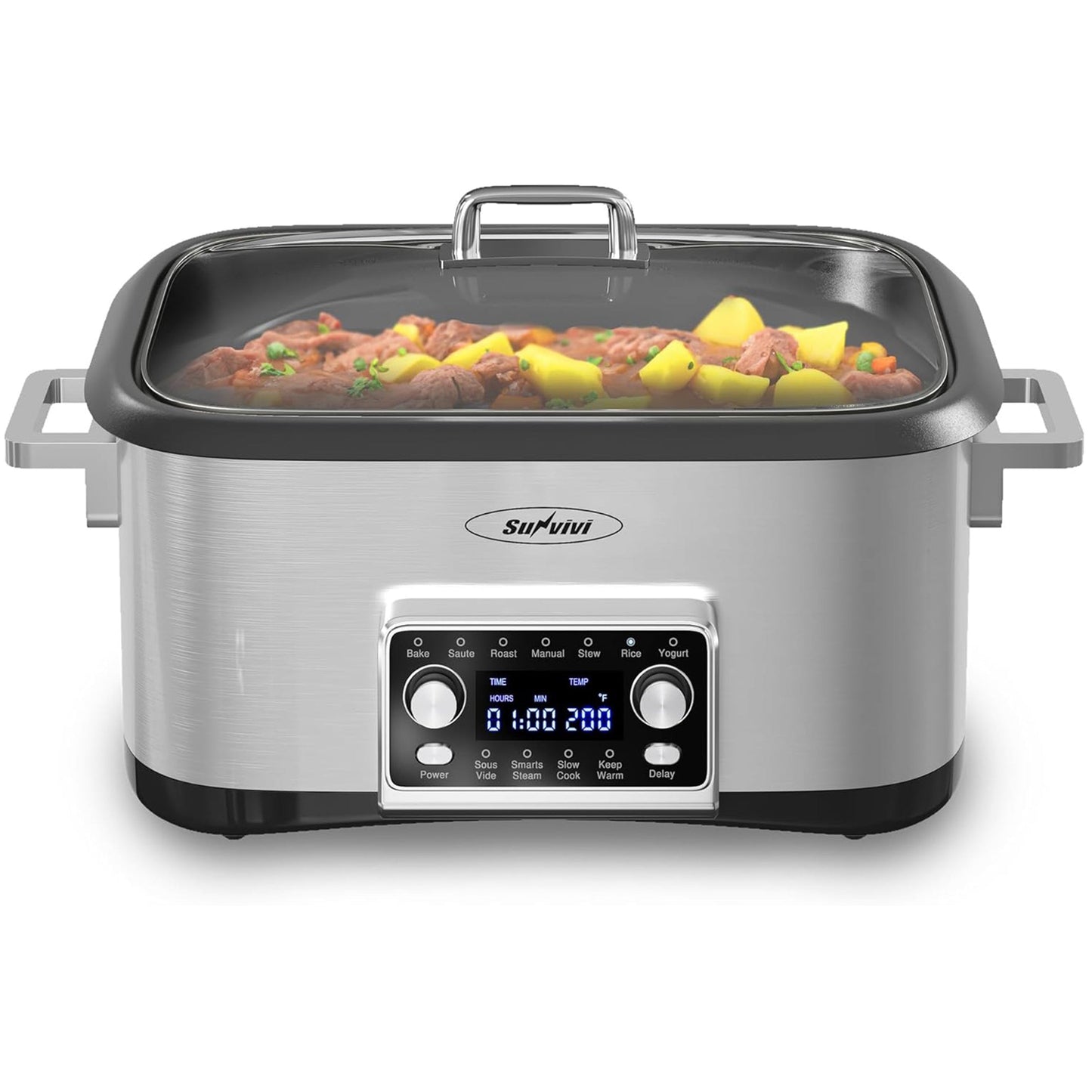 Sunvivi 8 Quart Slow Cooker Roaster Oven 12 in 1 Programmable Multi-Cooker Food Warmer - Sliver