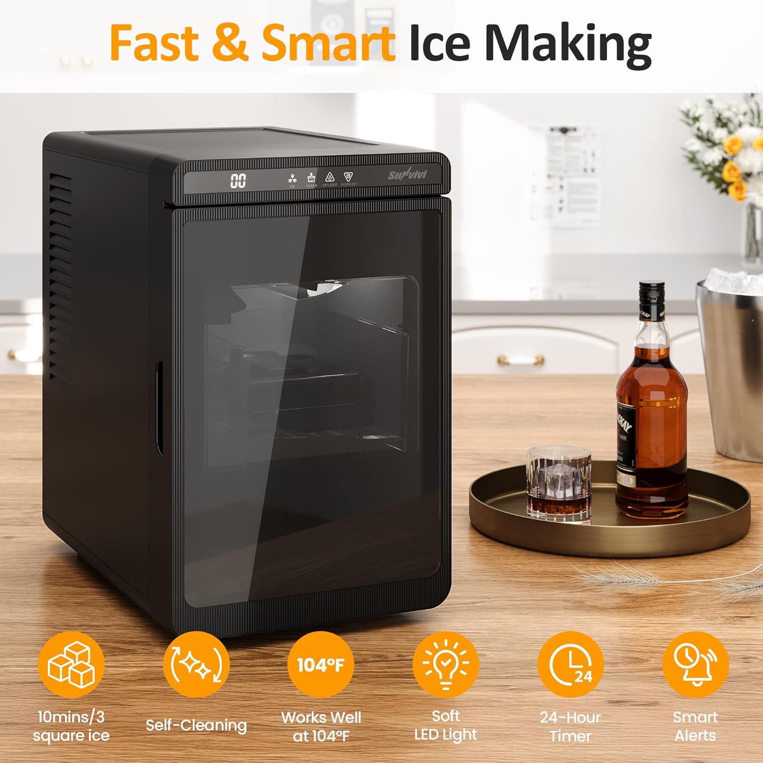 Sunvivi Clear Ice Maker Compact Countertop Ice Machine 1.6¡¯¡¯ Square Ice Cubes Fast 10-Min Ice Production