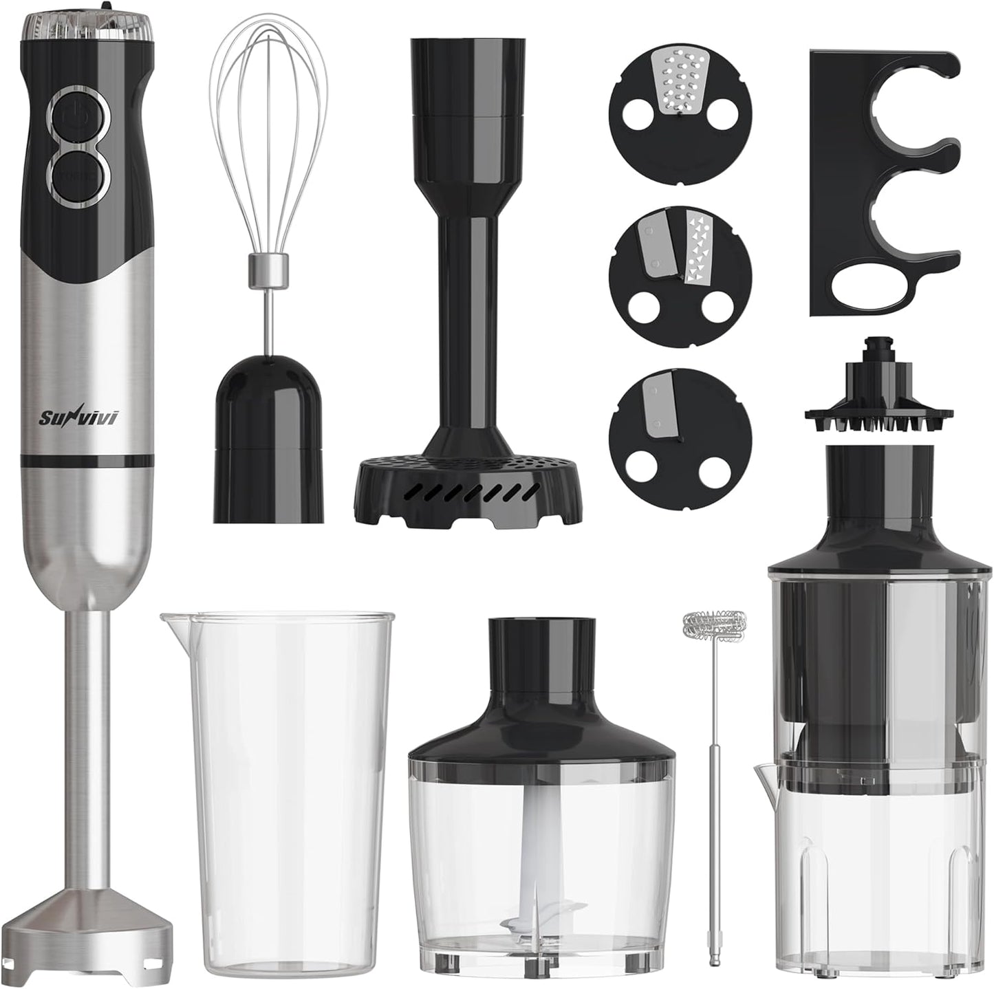 Sunvivi Cordless Hand Blender: 1000W 12-Speed Electric Stick Mixer with 10 Accessories 600ML Chopper Whisk Milk Frother
