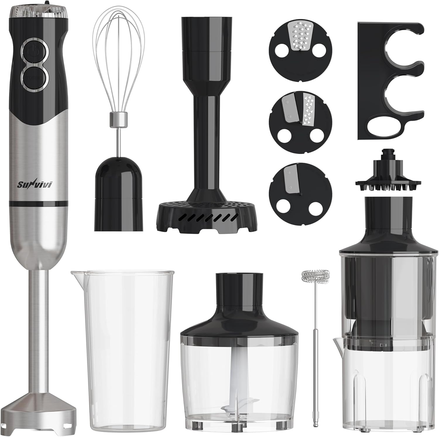 Sunvivi Cordless Hand Blender: 1000W 12-Speed Electric Stick Mixer with 10 Accessories 600ML Chopper Whisk Milk Frother