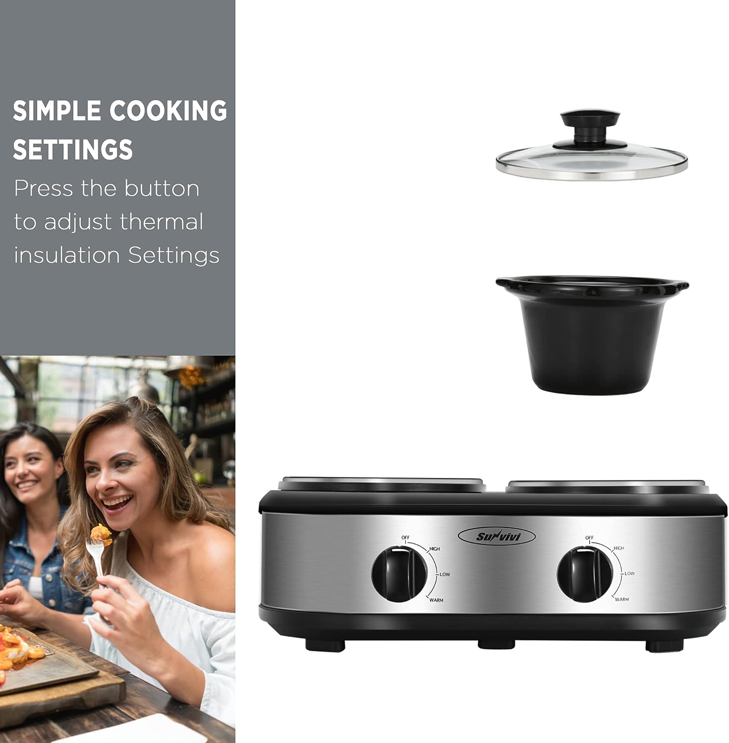 Sunvivi Dual Pot Slow Cooker 2*1.25 QT