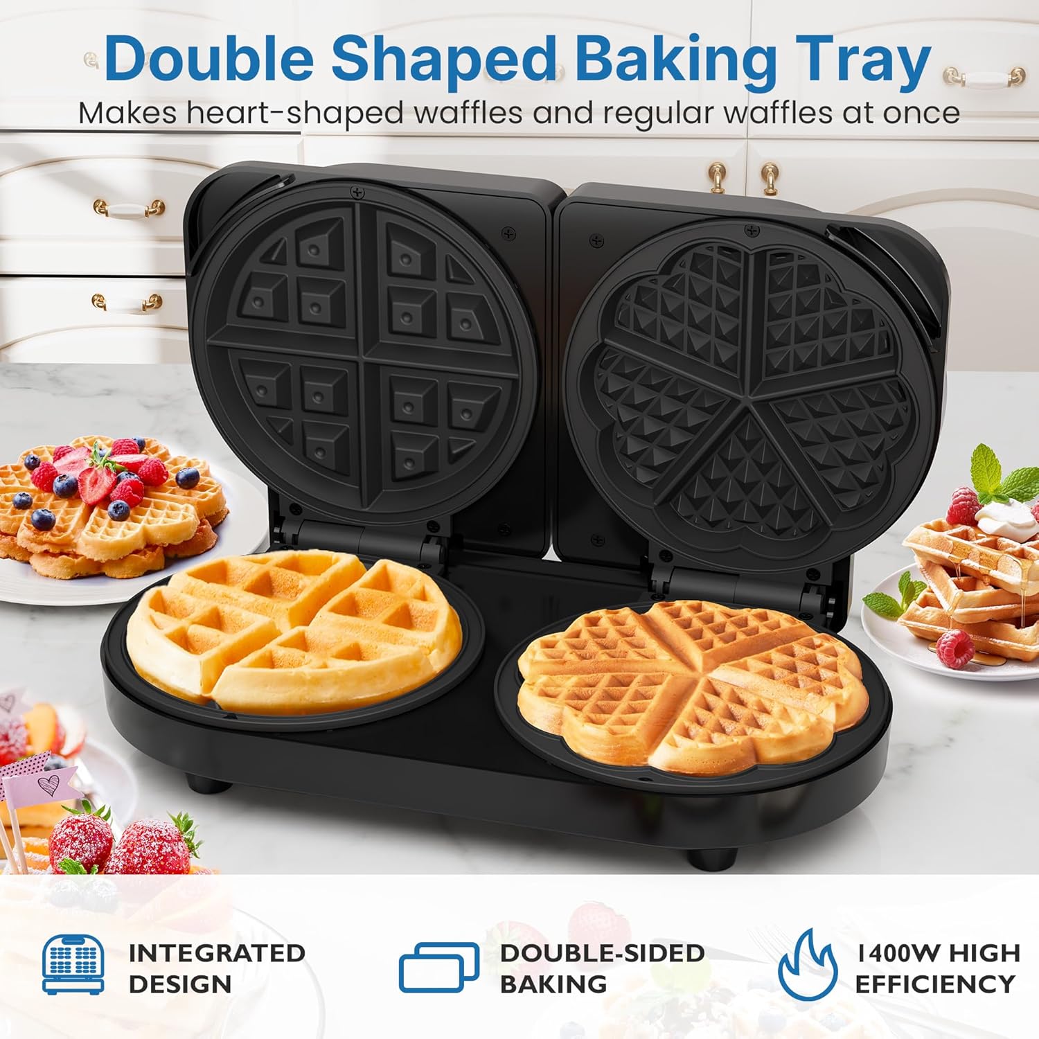 Sunvivi Dual Waffle Maker: Heart Waffle & Classic Waffle Iron with 2 Adjustable Temp Knobs