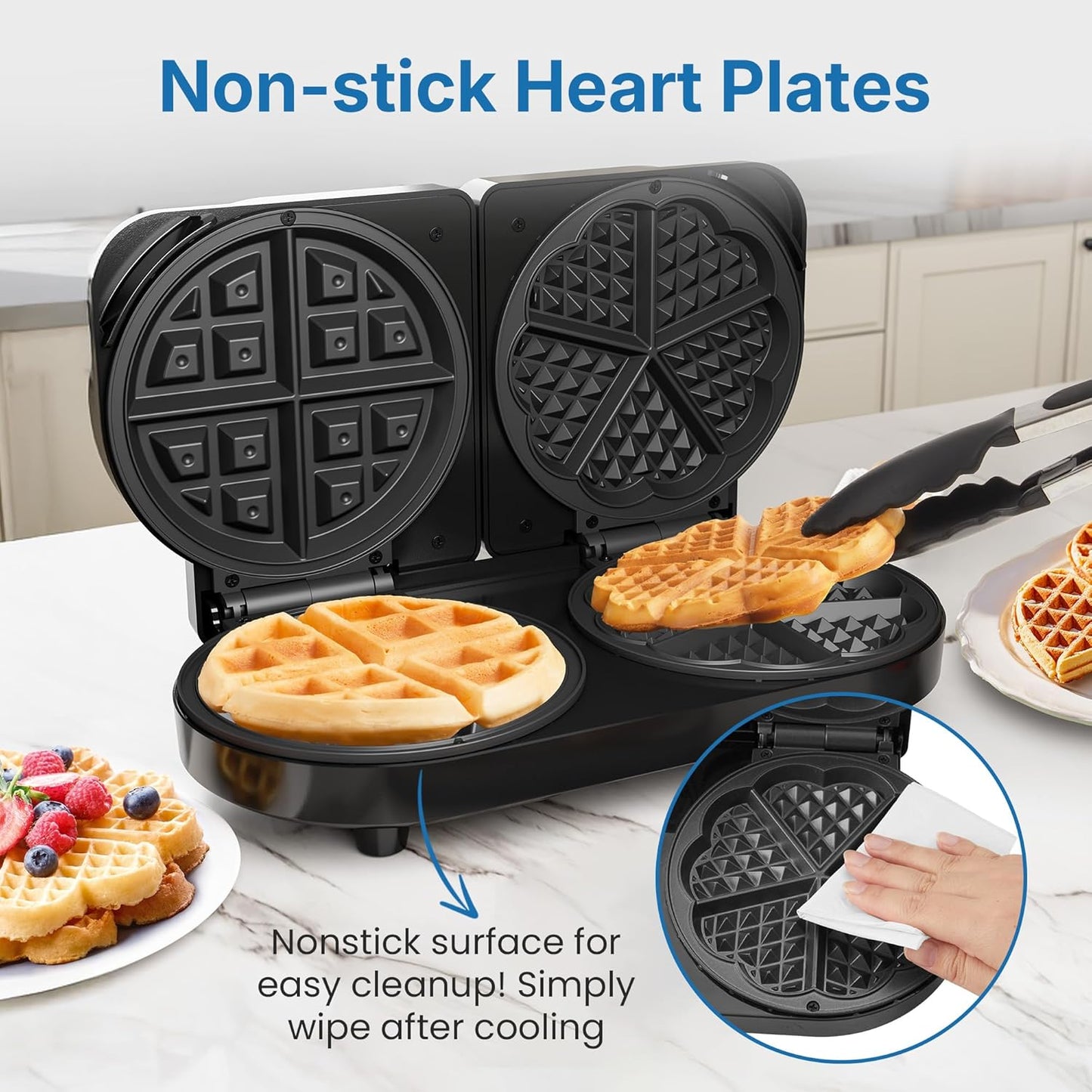 Sunvivi Dual Waffle Maker: Heart Waffle & Classic Waffle Iron with 2 Adjustable Temp Knobs