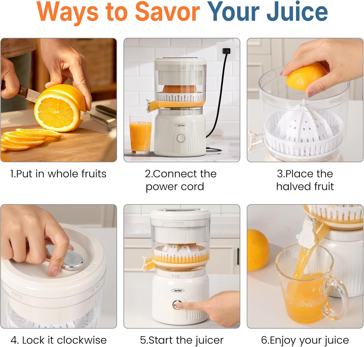 Sunvivi Electric Citrus Juicer 90W Automatic Juice Squeezer with High-Speed 15,000 RPM Ideal for Orange Lemon and Soft