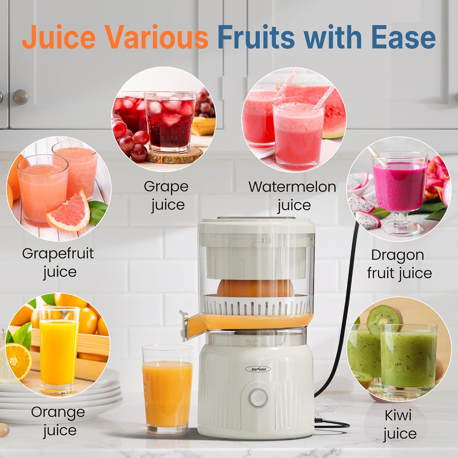 Sunvivi Electric Citrus Juicer 90W Automatic Juice Squeezer with High-Speed 15,000 RPM Ideal for Orange Lemon and Soft