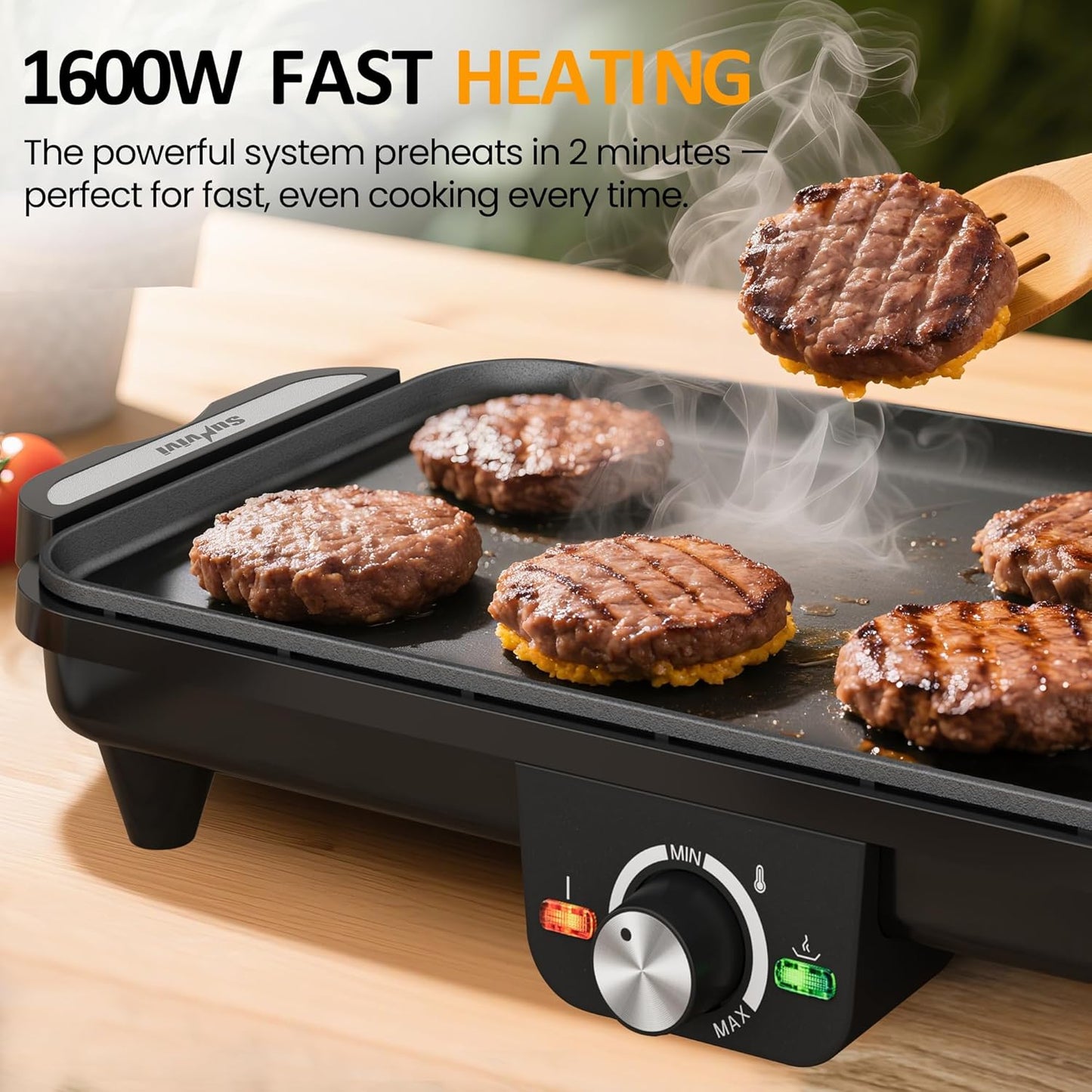 Sunvivi Electric Griddle Flat Grill: Indoor Grill with 2 Adjustable Temp Knobs Nonstick Cooking Plate Large Grill Pan