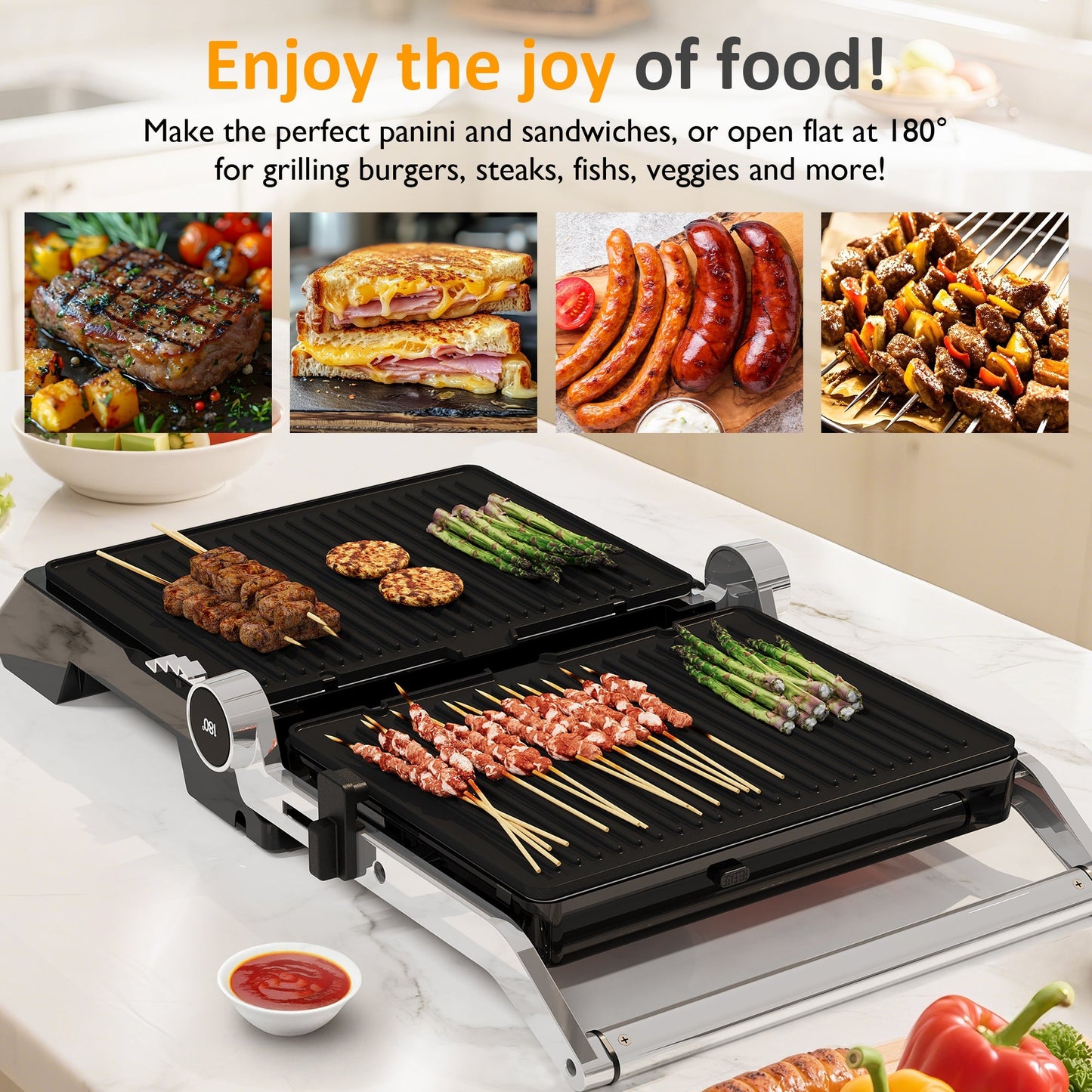 Sunvivi Indoor Grill & Griddle with Preset Menu 1600W Electric Panini Press Sandwich Maker Removable Nonstick Plates