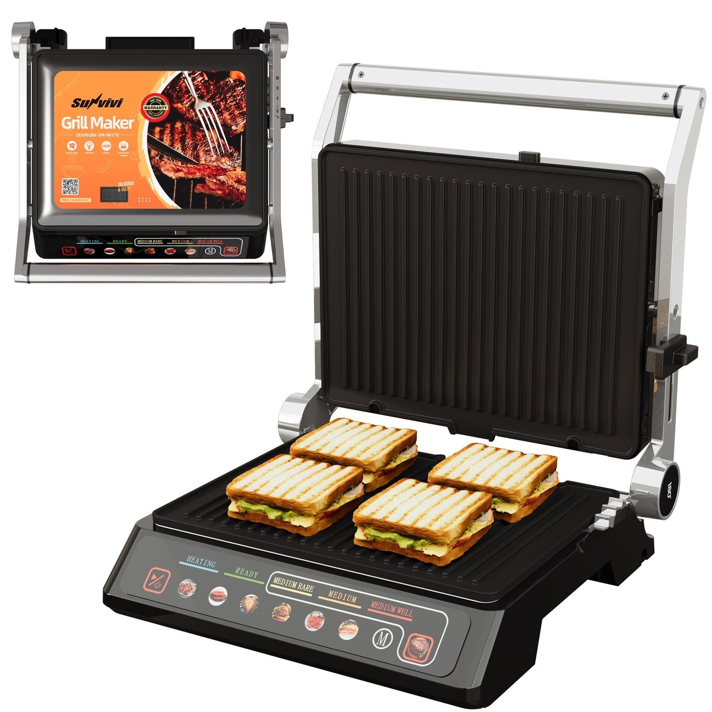 Sunvivi Indoor Grill & Griddle with Preset Menu 1600W Electric Panini Press Sandwich Maker Removable Nonstick Plates