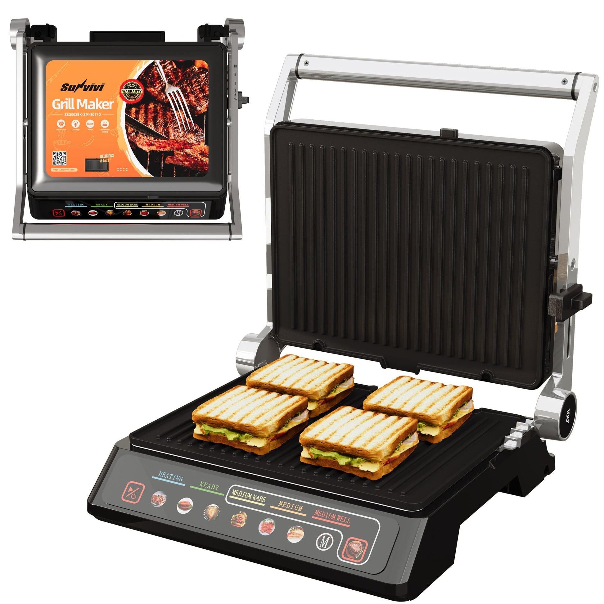 Sunvivi Indoor Grill & Griddle with Preset Menu 1600W Electric Panini Press Sandwich Maker Removable Nonstick Plates
