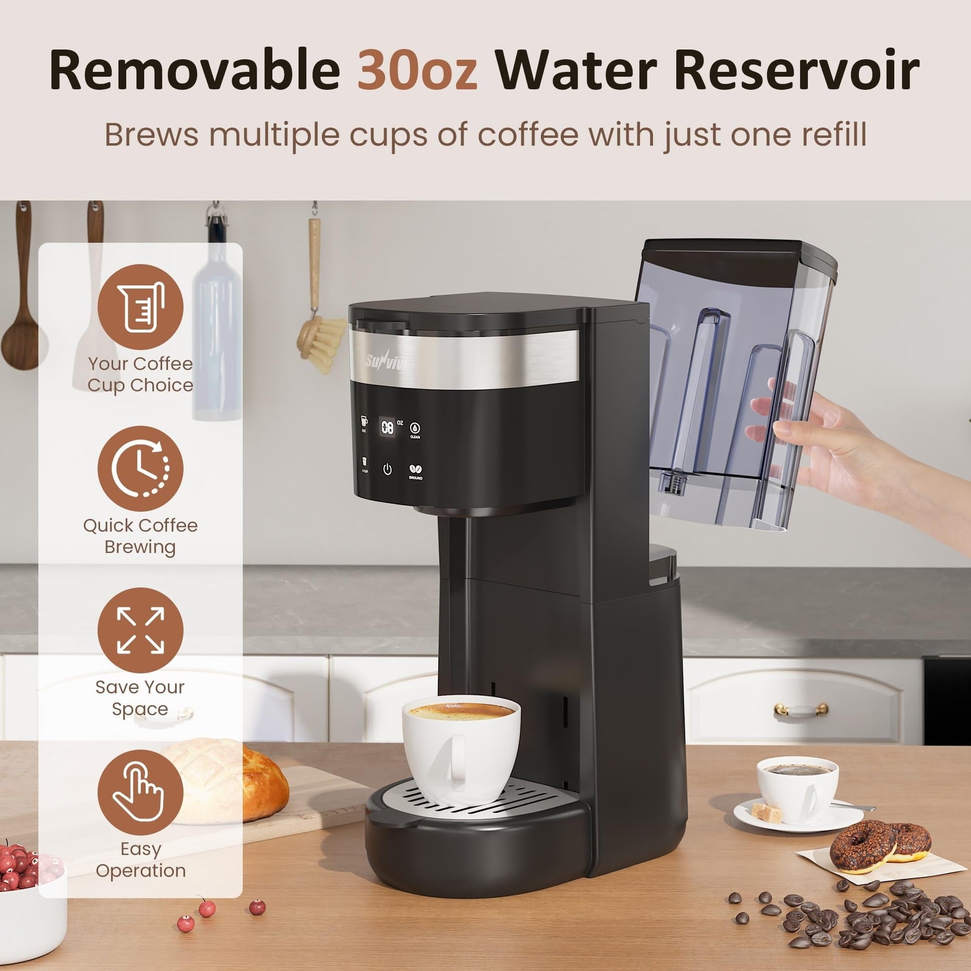 Sunvivi Single Serve Coffee Maker 30oz Removable Water Reservoir Black - Single-Serve Brewers
